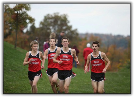 Zach Salek, Zack White, Sam Costa, and RJ Freese during a race last season. After finishing 24th overall in the PIAA state meet last year, White looks to be the top returning member of the boys team. PHOTO BY EMILY DAVIS PHOTOGRAPHY 